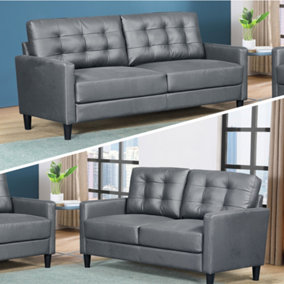 Stockholm 3+2 Seater Sofa Set, Button Tufted Grey Premium Leather