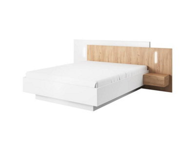 Stockholm Contemporary Ottoman Bed EU King Size Bedside Cabinets LED Gold Craft Oak Effect & White (L)2180mm (H)1020mm (W)2640mm