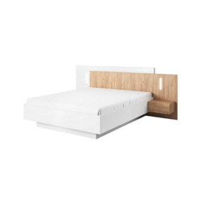 Stockholm Contemporary Ottoman Bed EU King Size Bedside Cabinets LED Gold Craft Oak Effect & White (L)2180mm (H)1020mm (W)2640mm