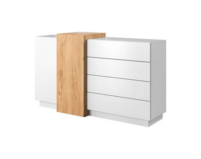 Stockholm Contemporary Sideboard Cabinet 2 Doors 3 Shelves 4 Drawers White & Oak Gold Craft Effect (H)920mm (W)1600mm (D)450mm