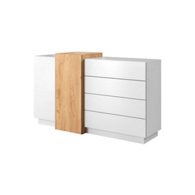 Stockholm Contemporary Sideboard Cabinet 2 Doors 3 Shelves 4 Drawers White & Oak Gold Craft Effect (H)920mm (W)1600mm (D)450mm