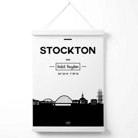 Stockton Black and White City Skyline Poster with Hanger / 33cm / White
