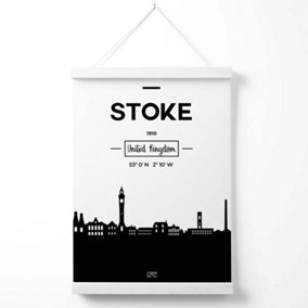 Stoke Black and White City Skyline Poster with Hanger / 33cm / White