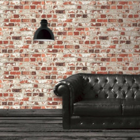 Stone Brick Wall Rustic Red Grey Grout Thick Textured Realistic Urban Wallpaper