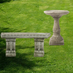 Stone Cast Garden Bench & LaLa Design Birdbath