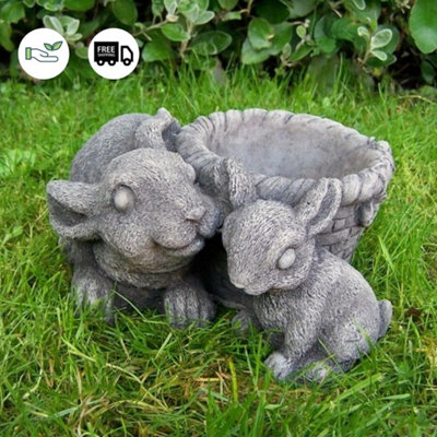 Stone Cast Pot with Rabbits for Flowers or Plants
