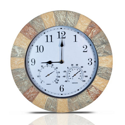 Stone Effect 13" Outdoor Indoor Wall Clock with Thermometer & Hygrometer