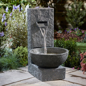 Stone Effect Cascading Water Bowl Water Feature, LED Lights, Outdoor, Height 71cm