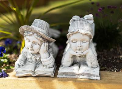 Distressed White Boy & Girl Garden Ornaments