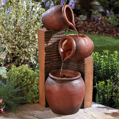 Stone Effect Tipping Pots Cascading Water Feature, Outdoor, Self Contained, with LED Lights, Height 64.5cm (3 Tipping Pots)
