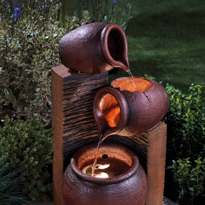 Stone Effect Tipping Pots Cascading Water Feature, Outdoor, Self Contained, with LED Lights, Height 64.5cm (3 Tipping Pots)