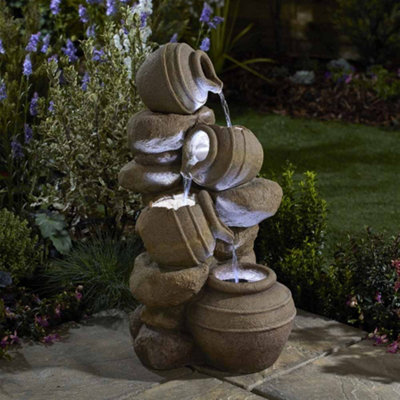 Stone Effect Tipping Pots Cascading Water Feature, Outdoor, Self Contained, with LED Lights, Height 72cm (4 Tipping Pots)