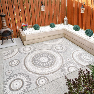 Stone Greige Floral Mandala Textured Flatweave Indoor Outdoor ...