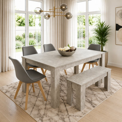 Stone Grey Effect Dining Table with Bench and 4 Grey Plastic Chairs ...