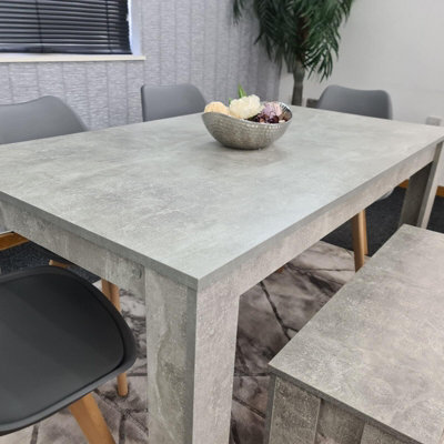 Stone Grey Effect Dining Table with Bench and 4 Grey Plastic Chairs ...