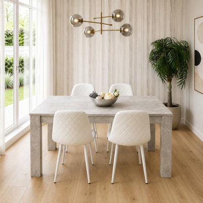 Stone Grey Effect Wood Dining Table Set with 4 White Gem Pattern Chairs ...