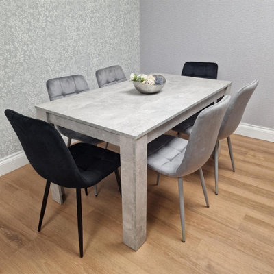 Stone Grey Effect Wood Dining Table Set With 6 Mixed Velvet Chairs ...