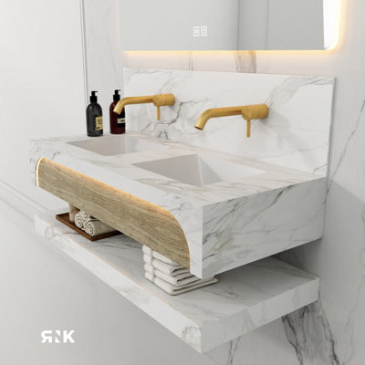 STONE WALL HUNG DOUBLE BASIN WITH STORAGE SHELF 1200