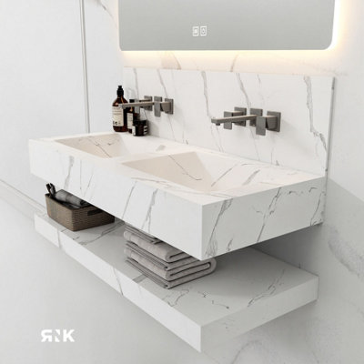 STONE WALL HUNG DOUBLE BASIN WITH STORAGE SHELF 1200