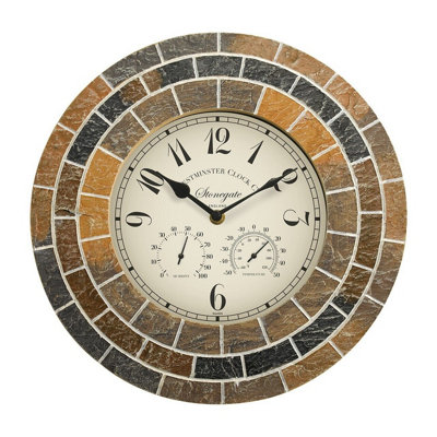 Stonegate Mosaic Quartz Wall Clock & Thermometer - Battery Powered Weatherproof Stone Effect Home Garden Decor - 33.5cm Diameter