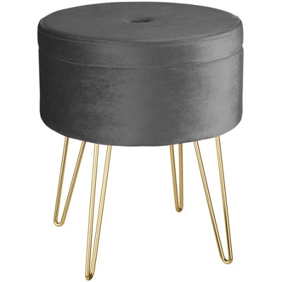 Stool Ava - round, padded velvet look, with storage space - dark grey