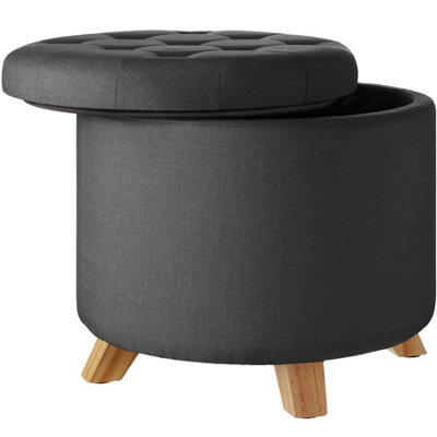 Stool Suna - round, padded, linen look, large storage space - dark grey