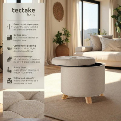 Stool Suna - round, padded, linen look, large storage space - sand, 1