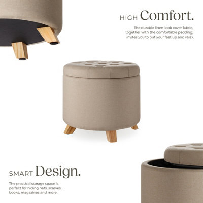 Stool Suna - round, padded, linen look, large storage space - sand, 1