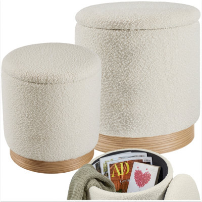 Stools Orchid Set of 2 - padded, bouclé cover footstools, large storage space - cream