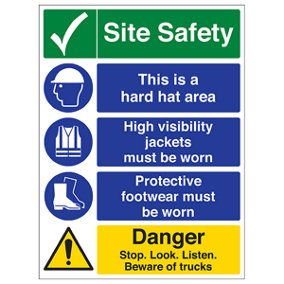 Stop Look Listen Hazard Site Safety Sign Adhesive Vinyl 300x400mm (x3)