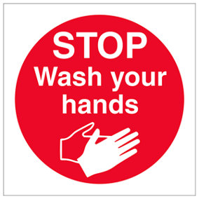 Stop, Wash Your Hands Mandatory Catering Sign - Adhesive Vinyl - 100x100mm (x3)