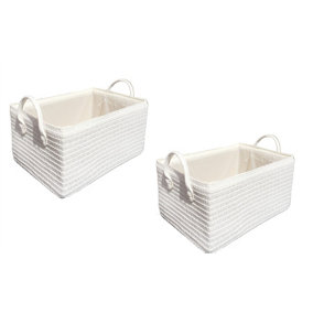 Storage Basket Cardboard Polyester Kids Bedroom Baby Organiser With Handles White,Set of 2 Large 34x23x18cm