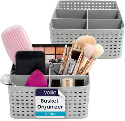 Storage Baskets 2 Pack Grey Plastic Vanity Organisers for Makeup, Skin Care, Toiletries, Dressing Table & Bathroom Storage