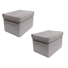 Storage Box Basket Cardboard Polyester Kids Bedroom Baby Organiser With Lid Light Grey,Set of 2 Medium 28x22x20cm