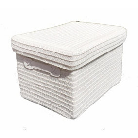 Storage Box Basket Cardboard Polyester Kids Bedroom Baby Organiser With Lid White,Large 34x26x22cm