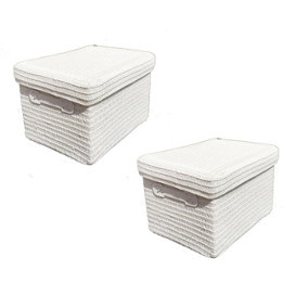 Storage Box Basket Cardboard Polyester Kids Bedroom Baby Organiser With Lid White,Set of 2 Large 34x26x22cm