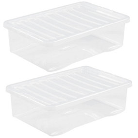 Storage Box Underbed 2 x 32 Litre Stackable Plastic Clothes Tidy Organiser Lid