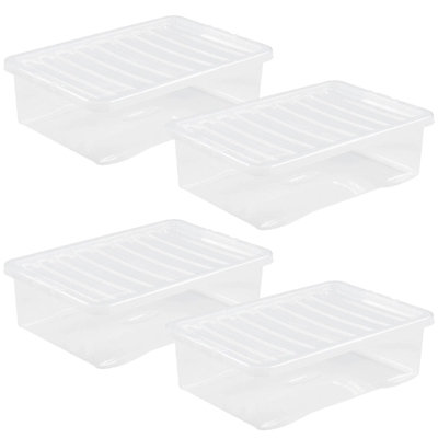 Storage Box Underbed 4 x 32 Litre Stackable Plastic Clothes Tidy Organiser Lid