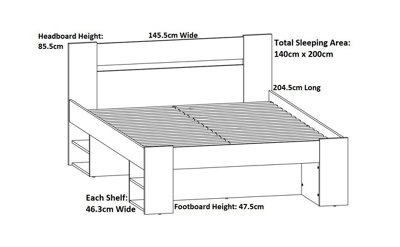 Storage Double Bed Euro Frame Headboard Shelf Shelving Slats Dark Oak Effect Nepo