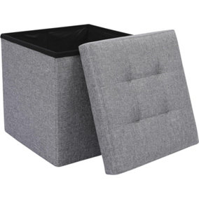 Storage Ottoman Padded Foldable Bench Chest with Lid Holds up to 100 kg for Bedroom Room Grey Linen 38cm x 38 cm x 38 cm