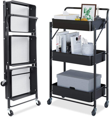 Storage Trolley Cart 3 Tier Foldable Metal Rolling Organizer Cart with Casters black