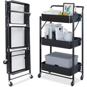 Storage Trolley Cart 3 Tier Foldable Metal Rolling Organizer Cart with Casters black