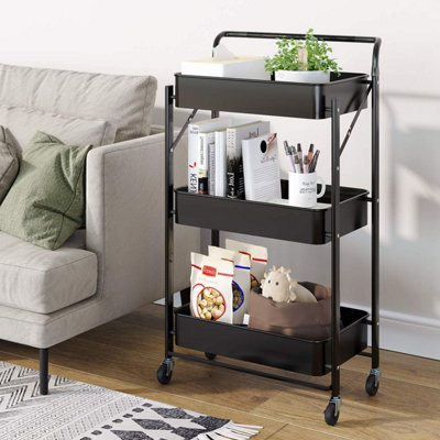 Storage Trolley Cart 3 Tier Foldable Metal Rolling Organizer Cart with Casters black - 3