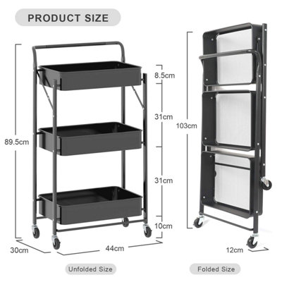 Storage Trolley Cart 3 Tier Foldable Metal Rolling Organizer Cart with Casters black - 6