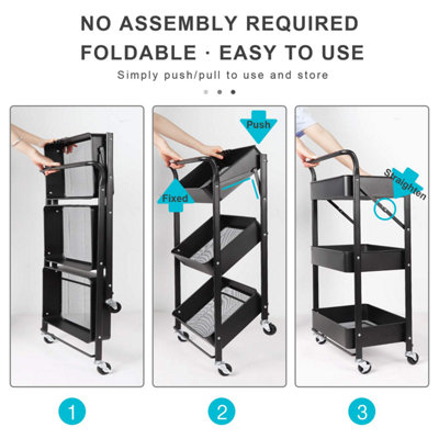 Storage Trolley Cart 3 Tier Foldable Metal Rolling Organizer Cart with Casters black - 7