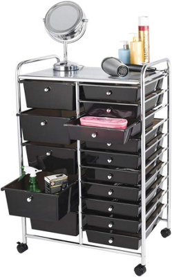 Storage Trolley On Wheels Black 15 Drawer For Salon, Beauty Make Up, Home Office Organiser