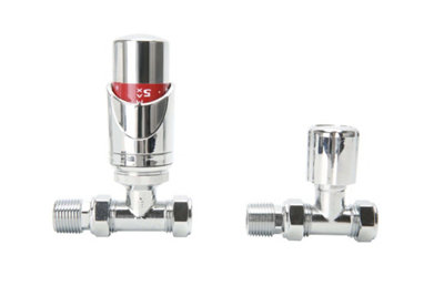 Straight Chrome Plated Thermostatic Radiator Valve Vertical Or Horizontal Mounting with Matching Lockshield Valve 15x1/2