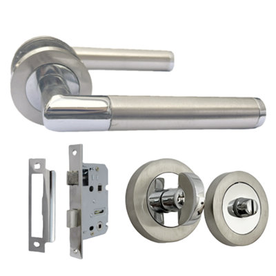 Straight Lever Rose Door Handles, Mitred Bathroom Thumbturn Lock Set Chrome Satin