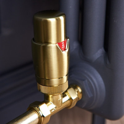 Straight Round Thermostatic TRV & Lockshield 15mm x 1/2 inch Brushed ...