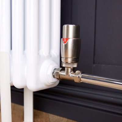 Straight Round Thermostatic TRV & Lockshield 15mm x 1/2 inch Brushed ...